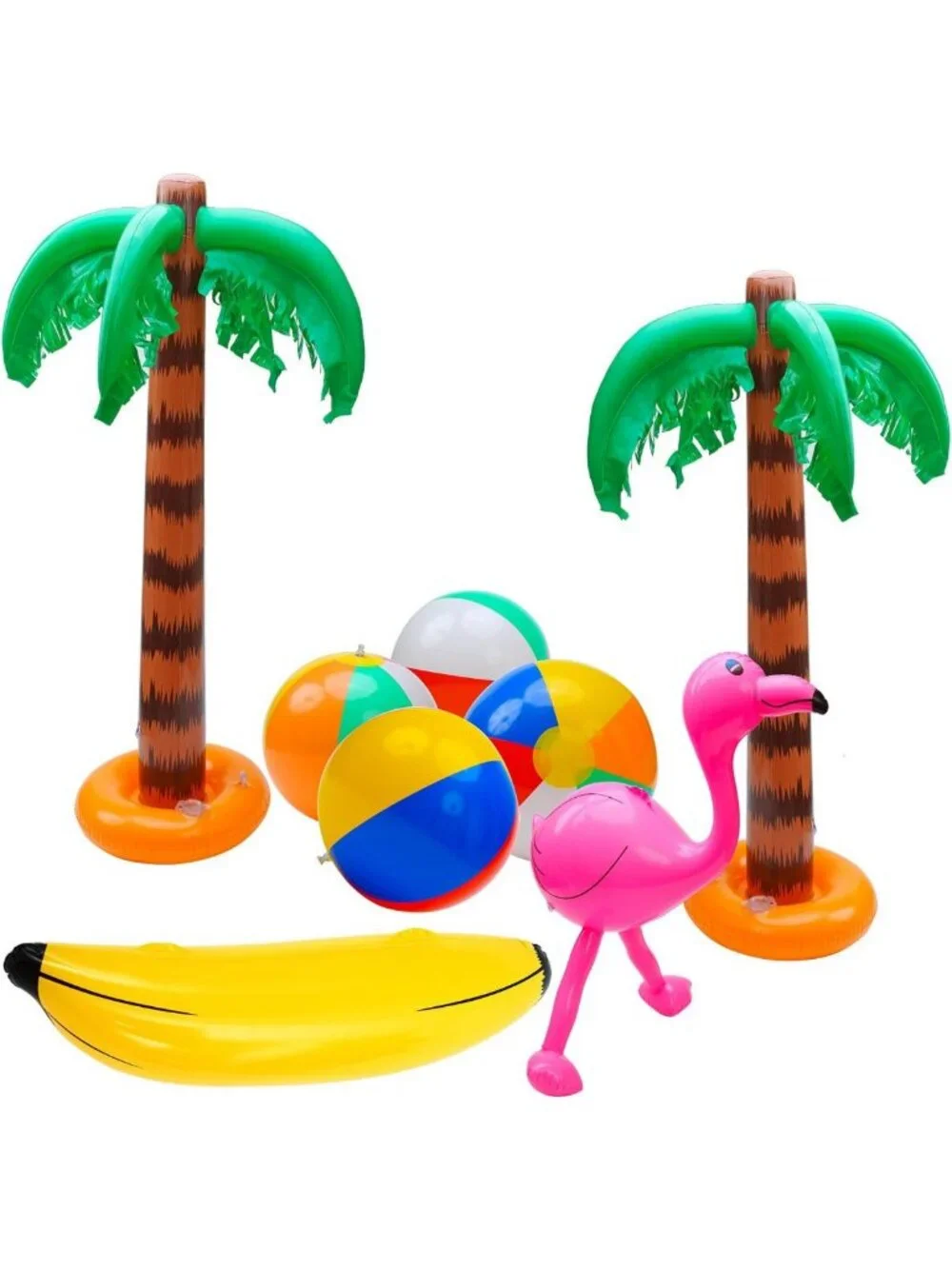 8 Pack Inflatable Luau Party Decor - Palm Trees, Beach Balls & Flamingos, Summer